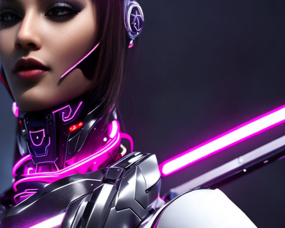 Futuristic female cyborg with purple accents and neon weapon