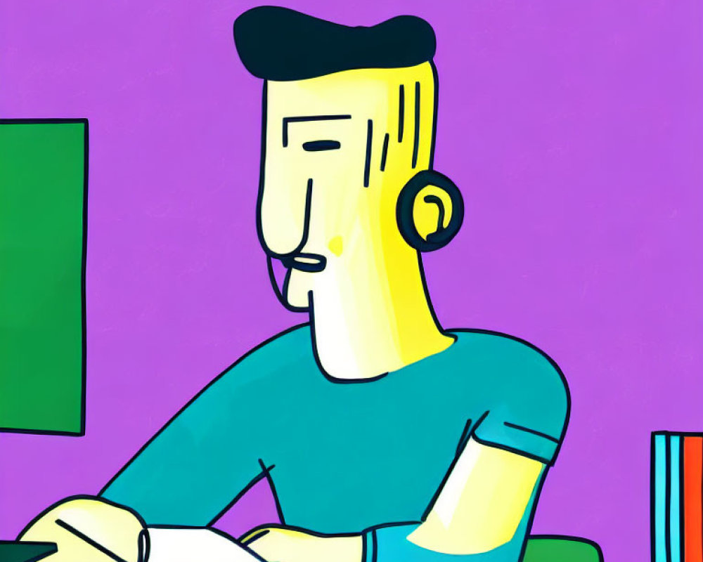 Person working at desk with computer monitor and headset on purple background