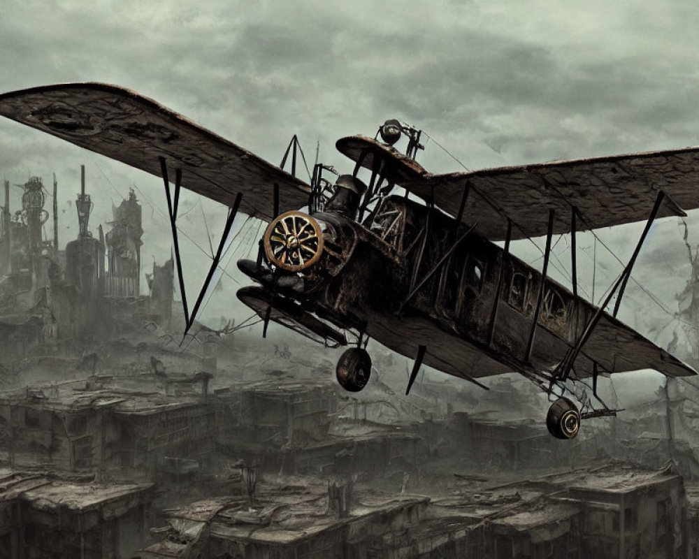 Vintage Biplane Over Dystopian Cityscape