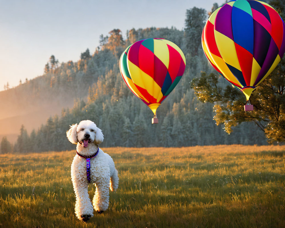 Fluffy White Dog in Sunlit Field with Hot Air Balloons