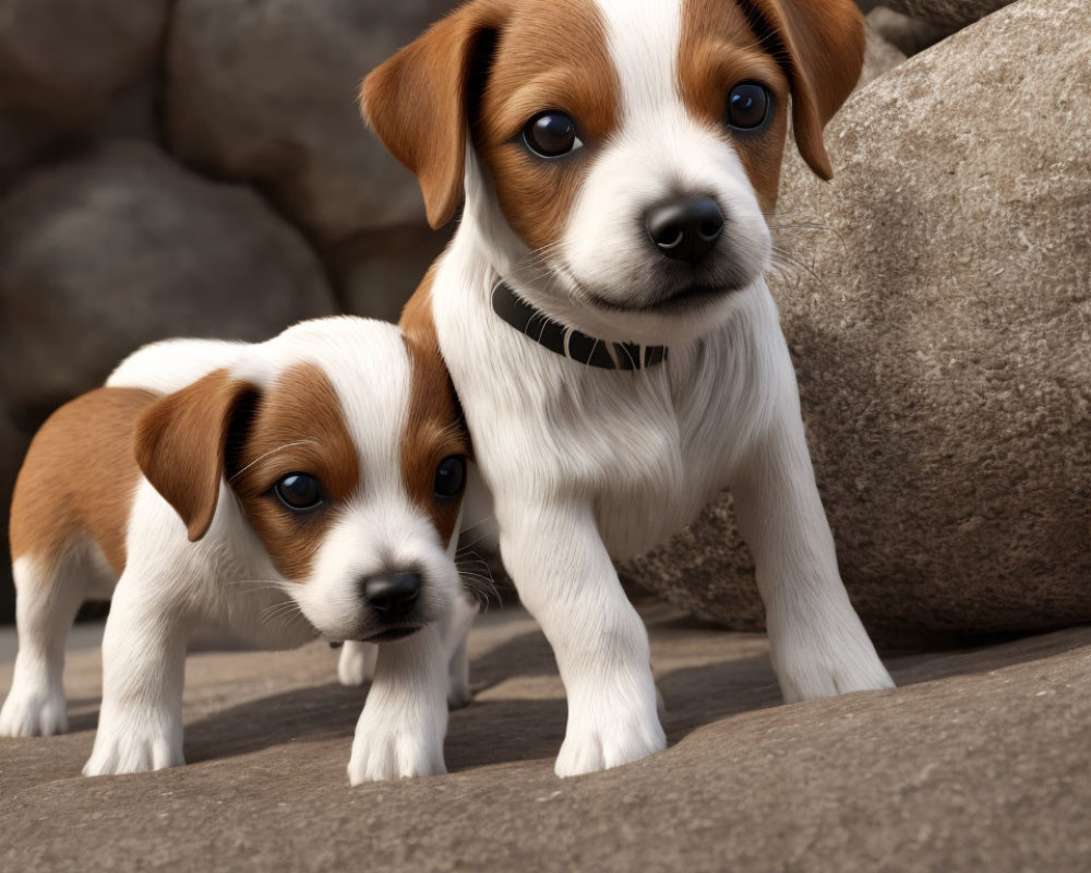 Brown and White Jack Russell Puppies Among Rocks