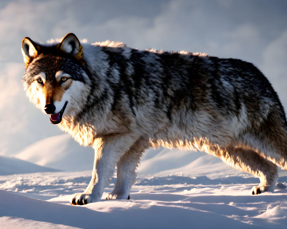 Thick-Furred Wolf in Snowy Landscape with Sunlight Glow