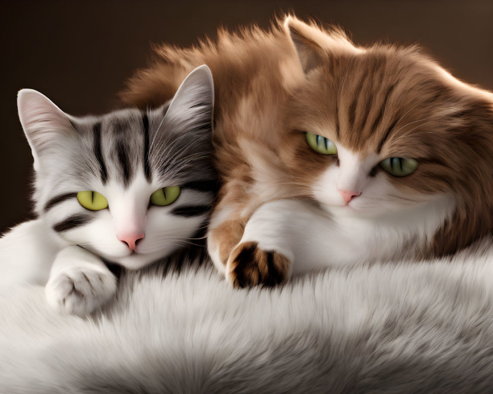 Two Cats Snuggling: Grey & Brown Fur, Striking Green Eyes