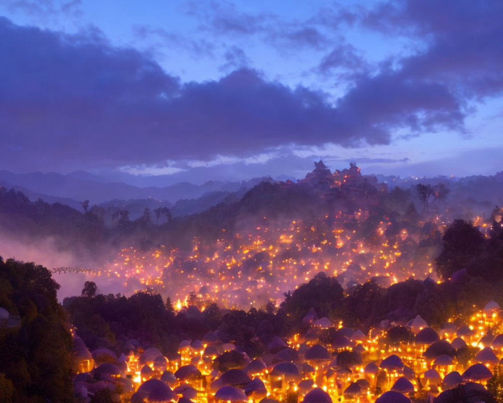 Hilly Landscape at Twilight with Glowing Lights