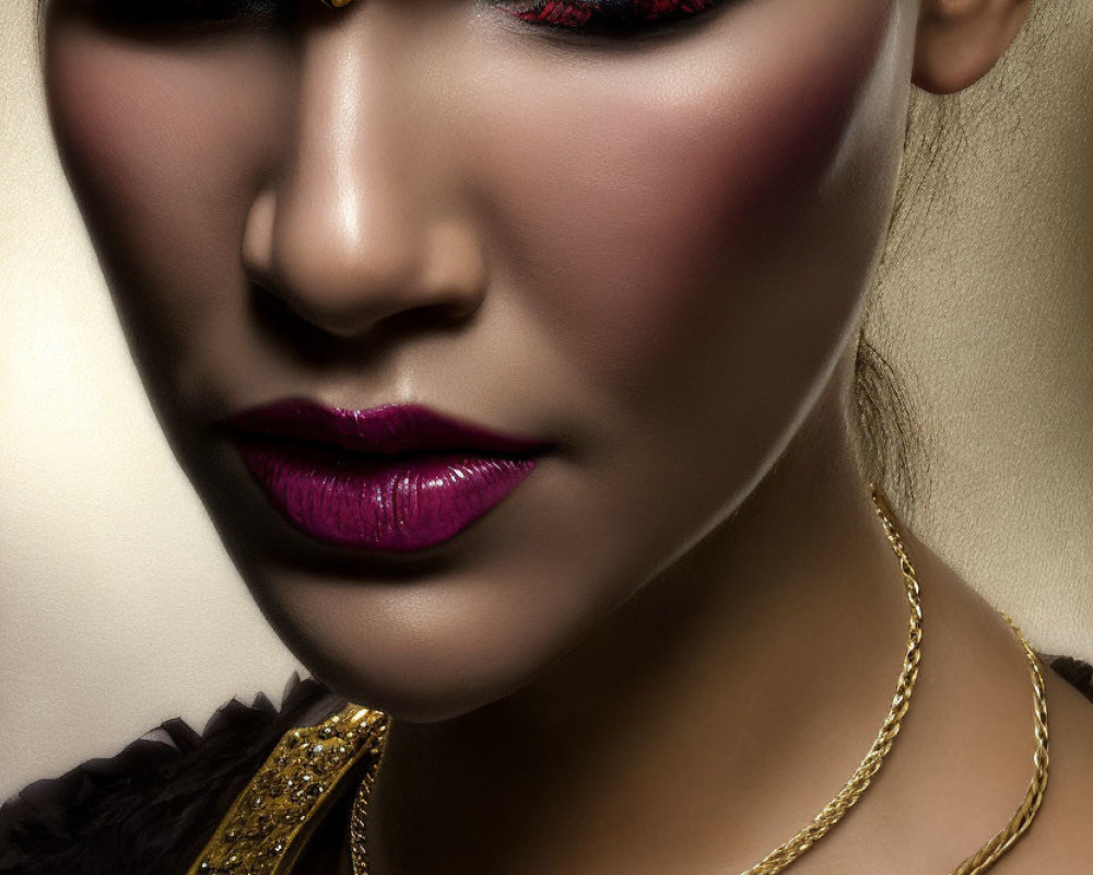 Woman with Black and Red Eyeshadow, Gold Headpiece, and Heart Necklace