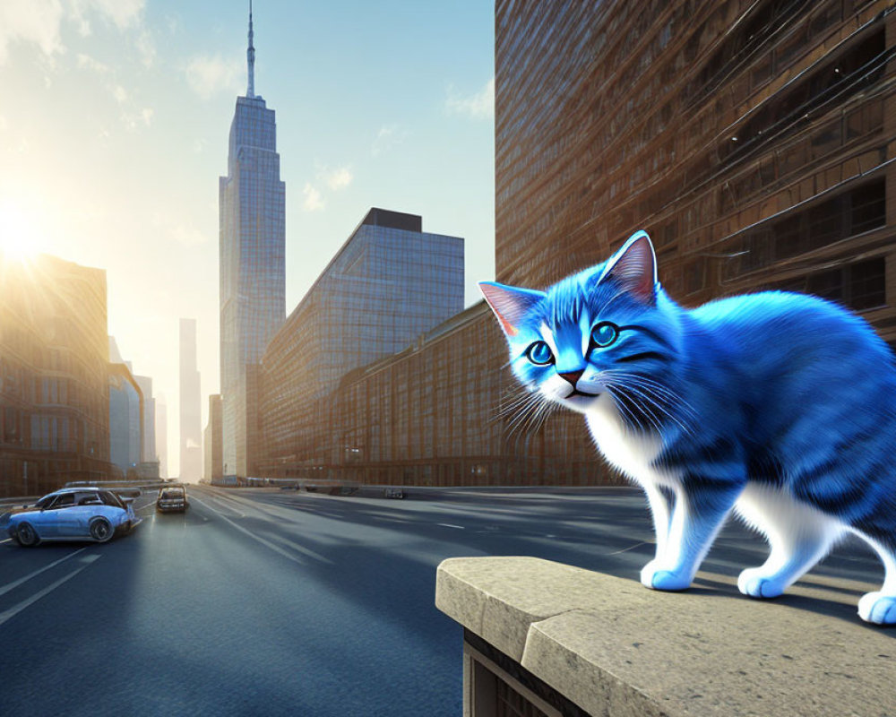 Vibrant blue cat on city sidewalk with skyscrapers & car