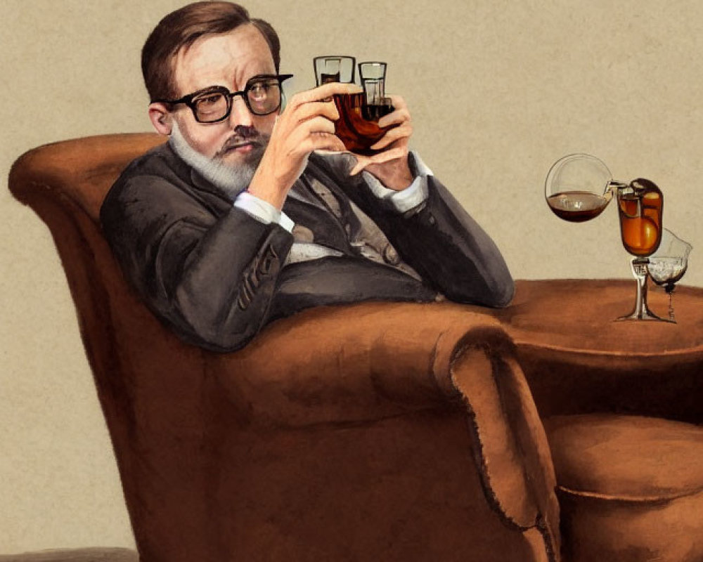 Man in suit with glasses lounging in armchair with drink, vintage clock on wall