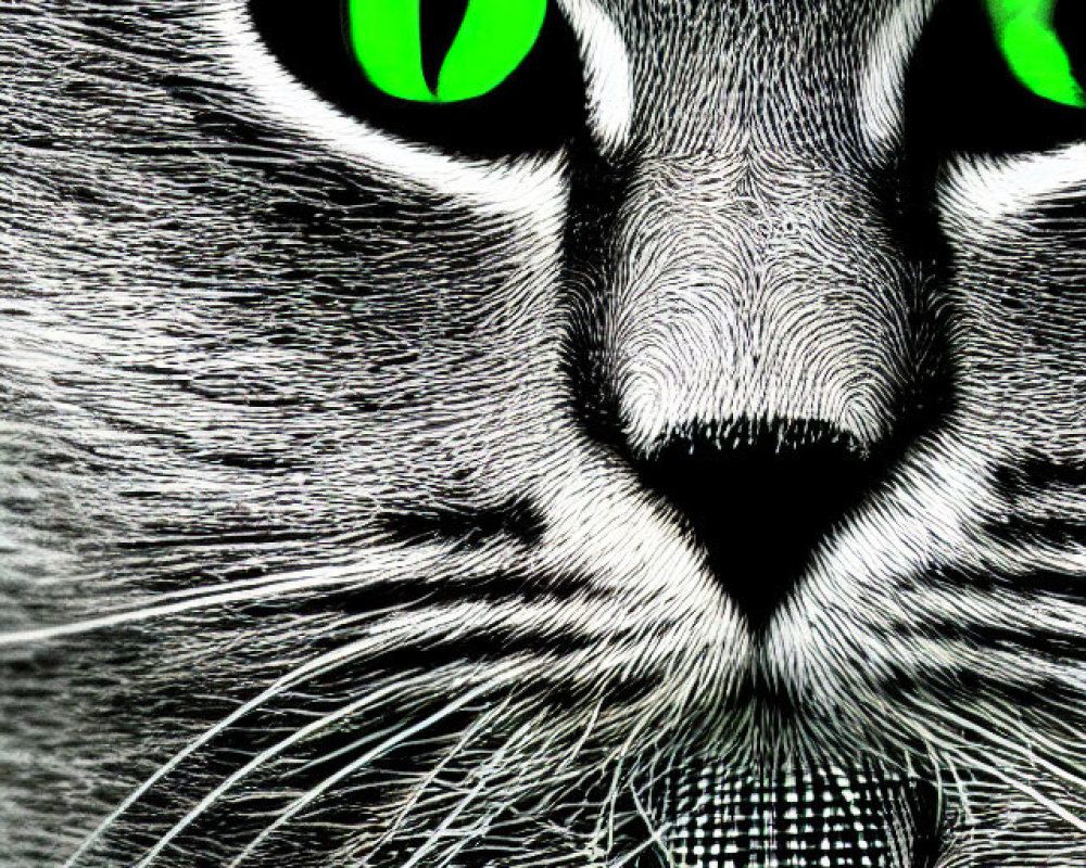 Detailed Close-Up of Cat with Striking Green Eyes and Fur Patterns