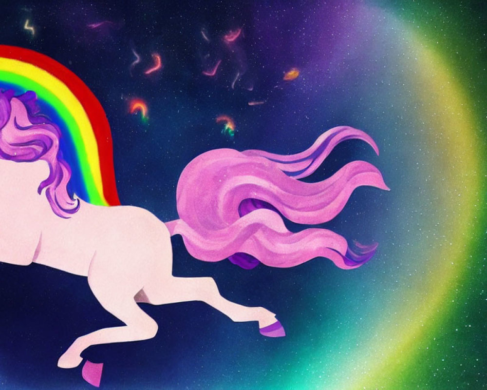 Stylized unicorn with rainbow mane in cosmic setting