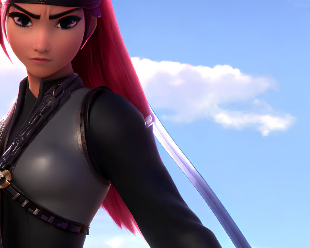 3D animated female warrior with red hair holding a sword on sky backdrop