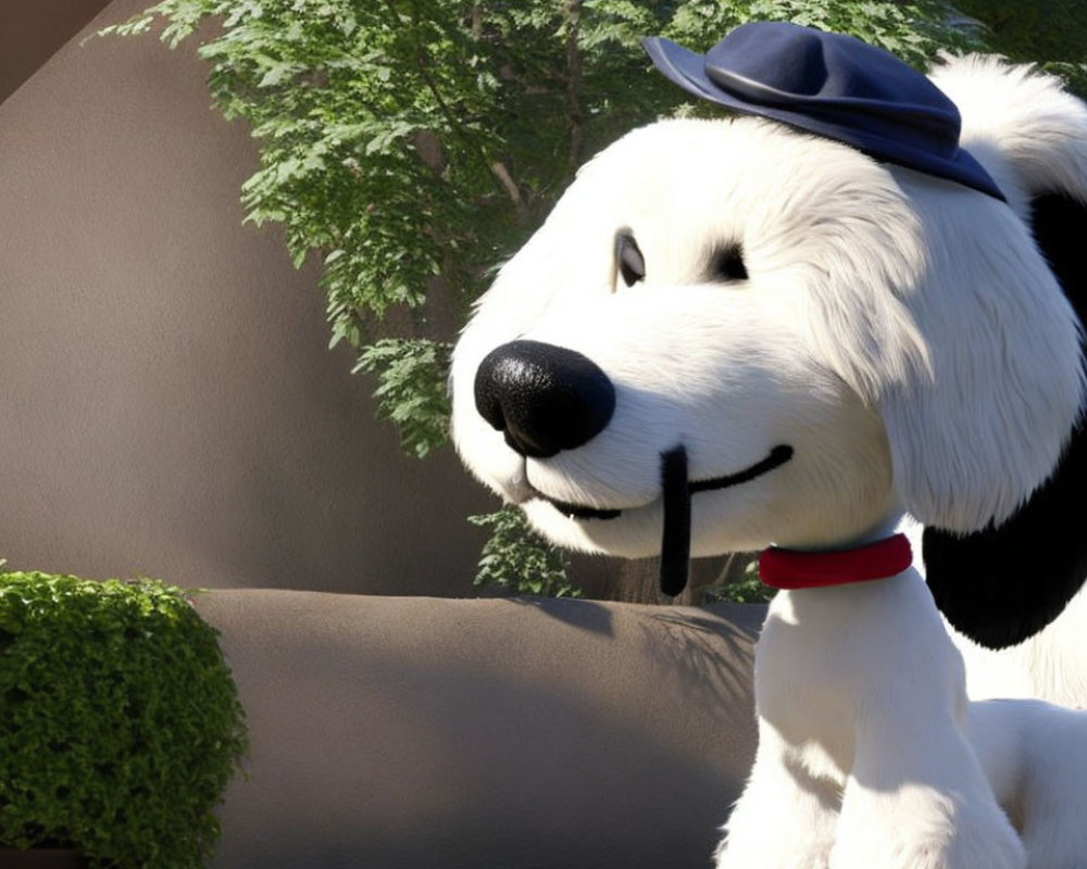 White Dog in Blue Hat and Red Collar Smiling Outdoors