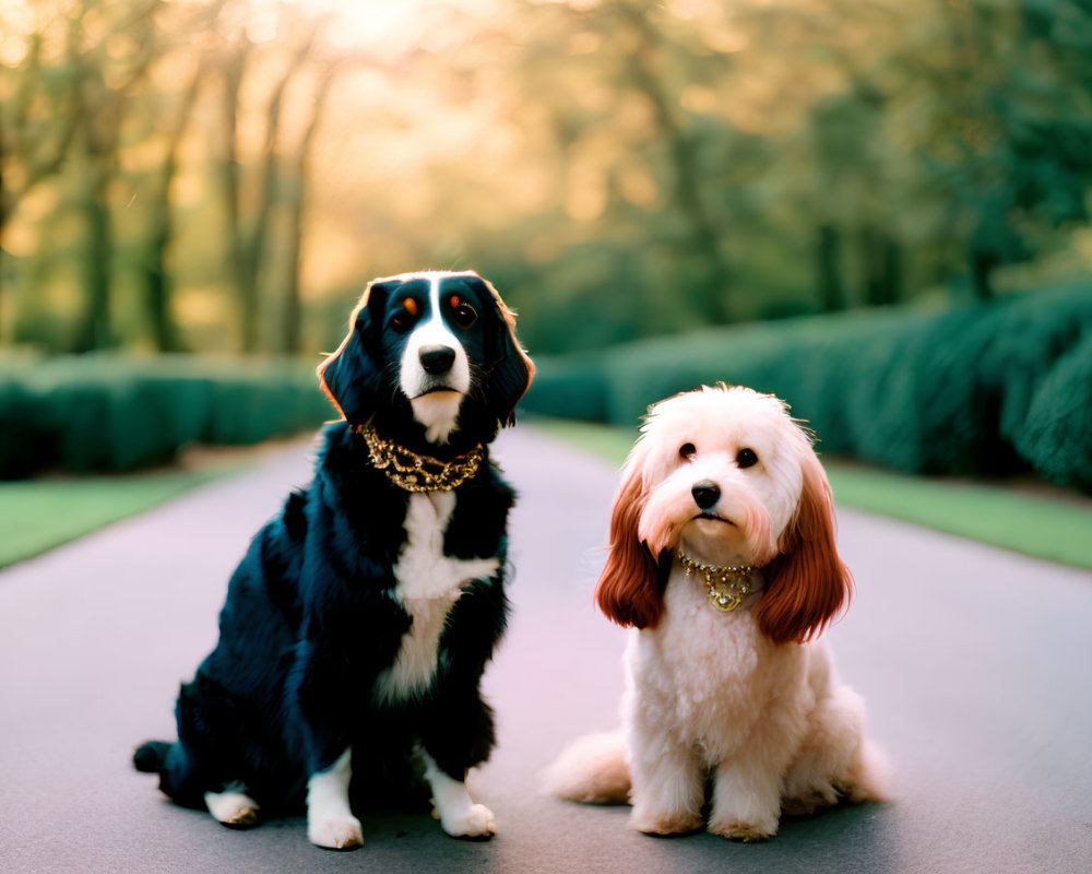 Two dogs with gold chains sitting among trees at sunset