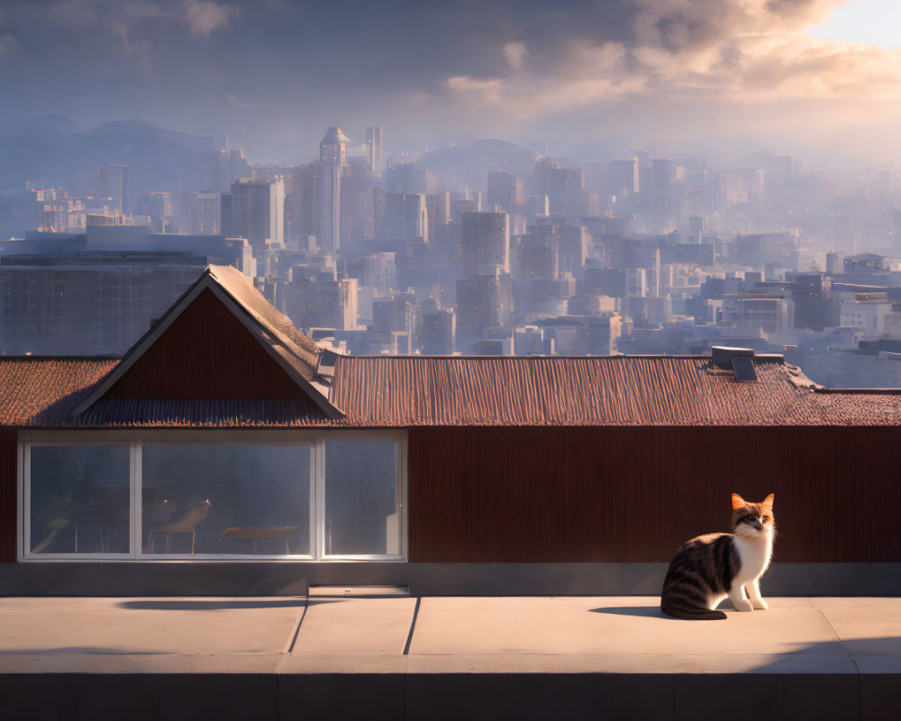 Cat on Rooftop at Sunrise Overlooking Cityscape with Hills in Distance