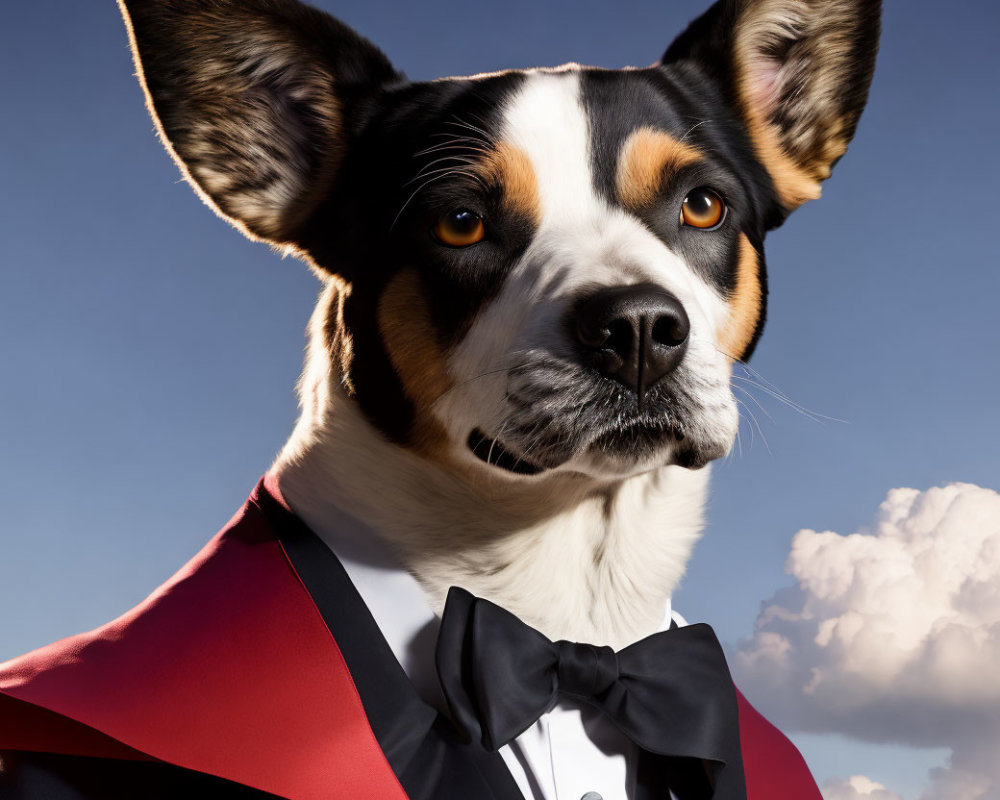 Dog in tuxedo and red cape poses heroically against cloudy sky