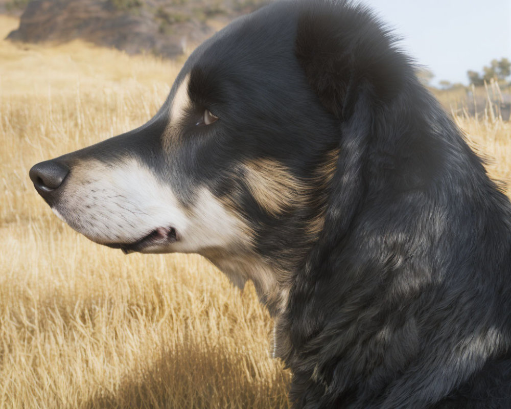 Black and White Dog with Thick Fur in Sunlit Grassland