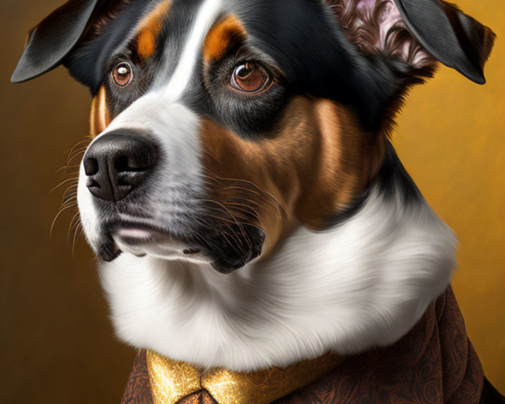 Tri-Colored Dog Portrait with Expressive Eyes and Ornate Tie on Golden Background