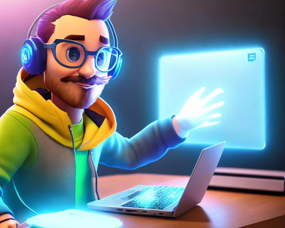 Stylized 3D illustration of a bearded man with laptop in dimly lit room