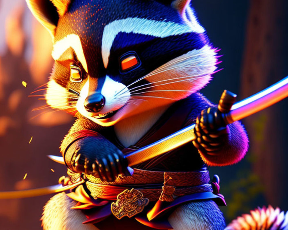 Animated raccoon character in martial arts stance with staff in forest setting