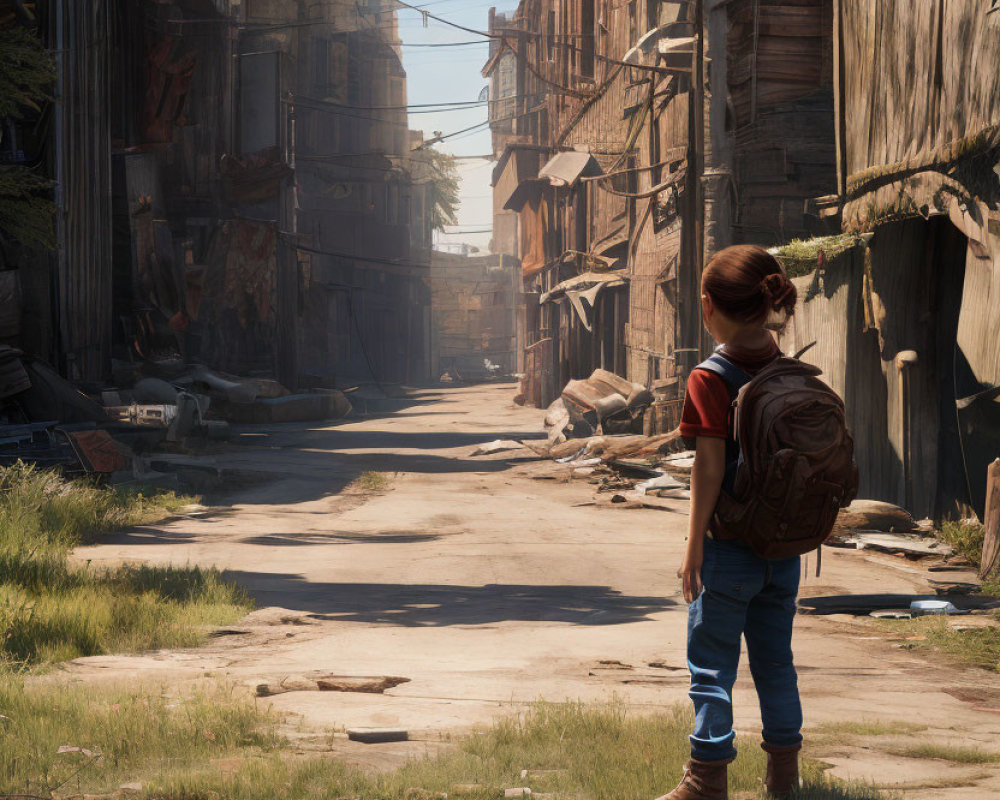 Child with backpack in deserted alley between dilapidated buildings under sunlit sky