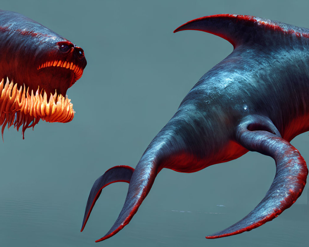 Large, menacing sea creatures with sharp teeth in underwater face-off