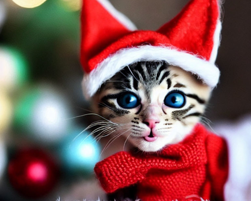 Blue-eyed cat in Santa hat and sweater against festive backdrop