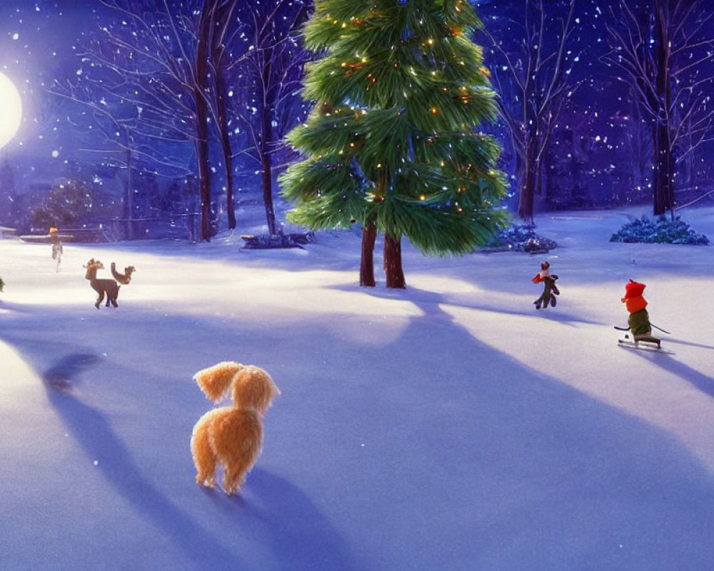 Children ice-skating in a winter scene with a dog, tree, and glowing moon