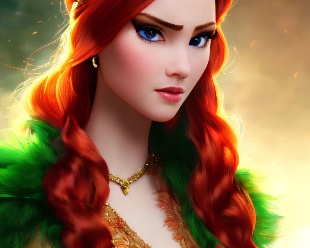 Woman with flowing red hair and golden accessories in mystical setting