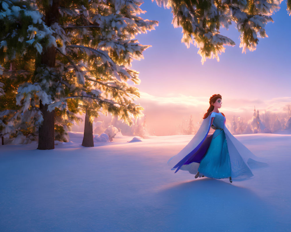 Stylized animated character in blue dress in snow-covered landscape at sunset