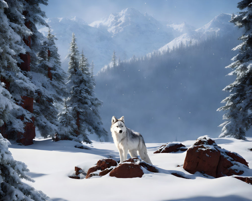 Majestic white wolf in snowy forest with mountains