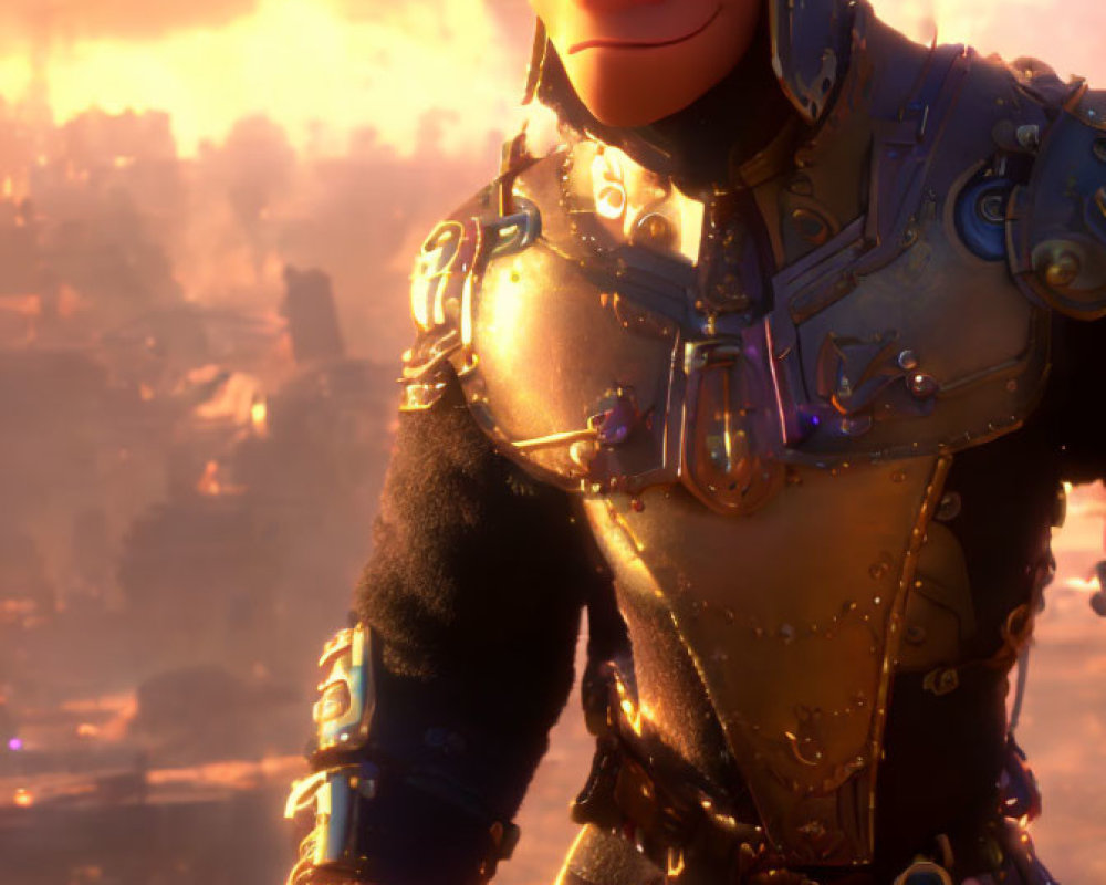 Ornate armor 3D animated character with soft smile in warm backdrop