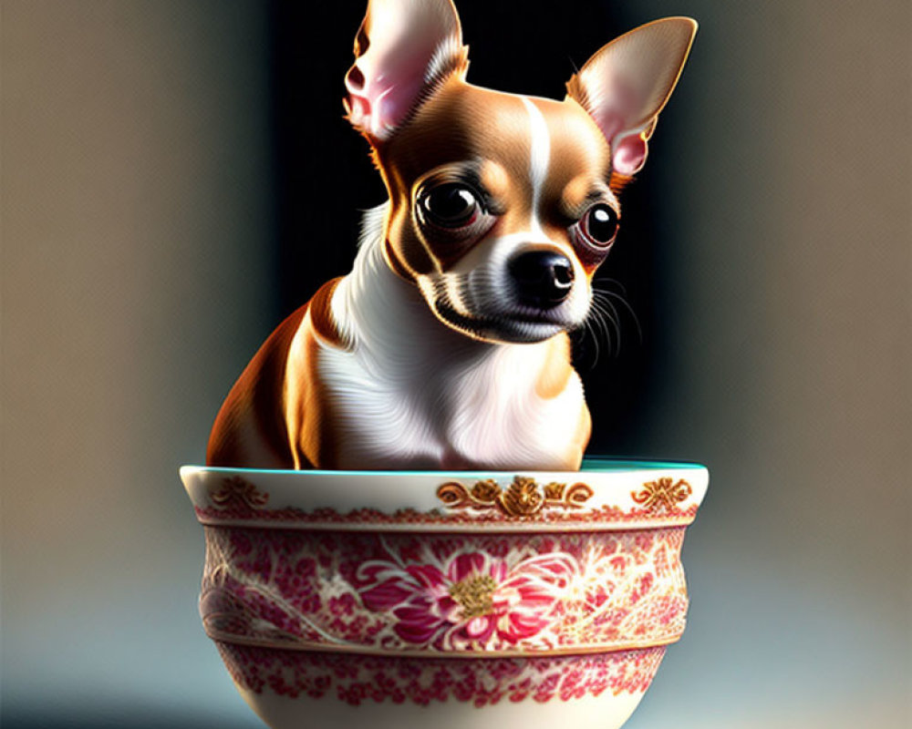 Small Chihuahua with large ears in ornate bowl on shaded background