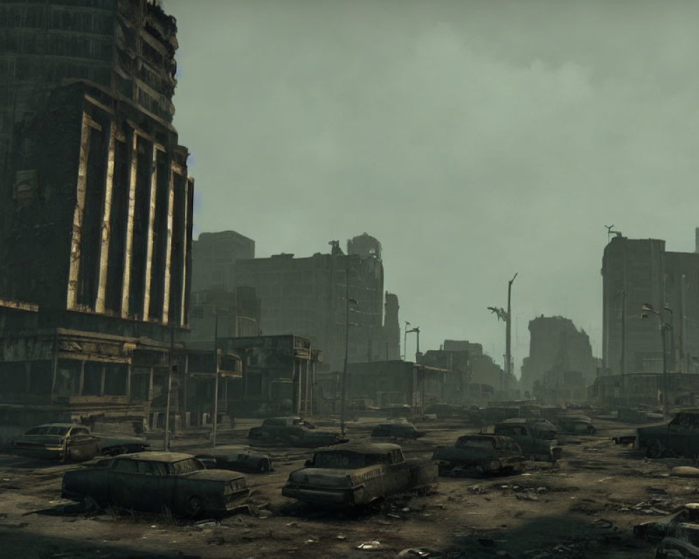 Derelict buildings and abandoned cars in dystopian cityscape