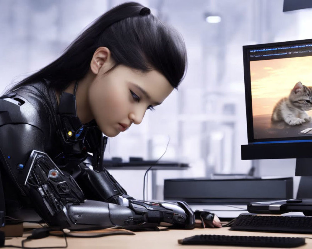 Female humanoid robot sitting at desk with monitor displaying cat