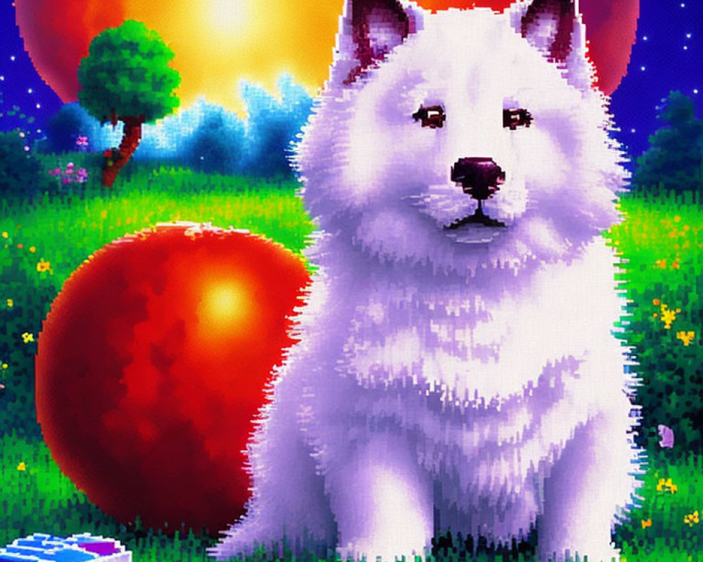 Fluffy White Dog Pixel Art in Vibrant Meadow