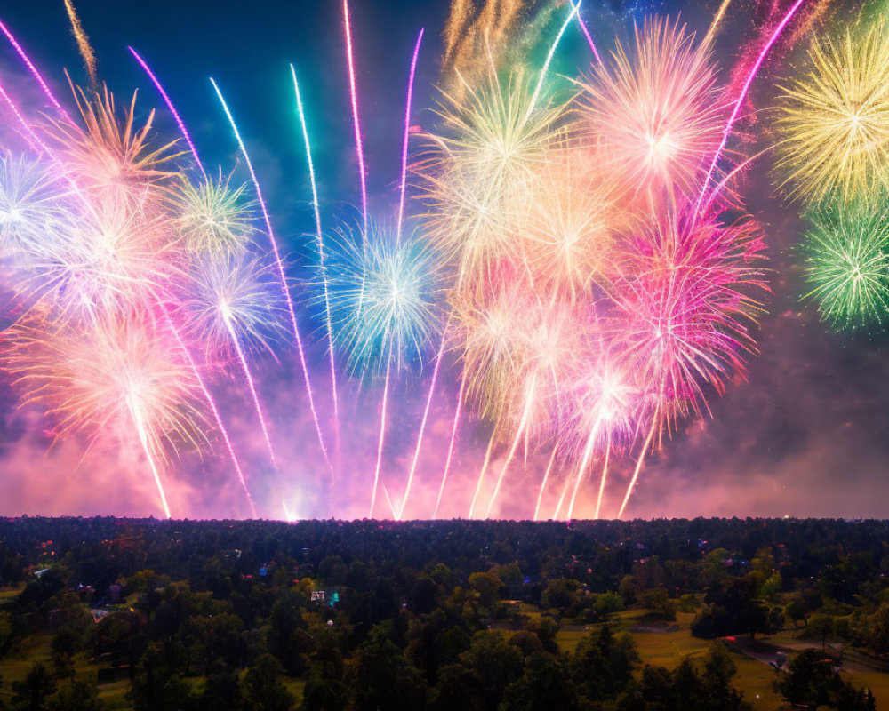 Colorful fireworks illuminate night sky over treeline