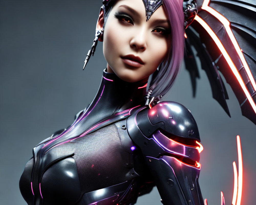 Purple-haired female character in futuristic black armor with red accents on grey background