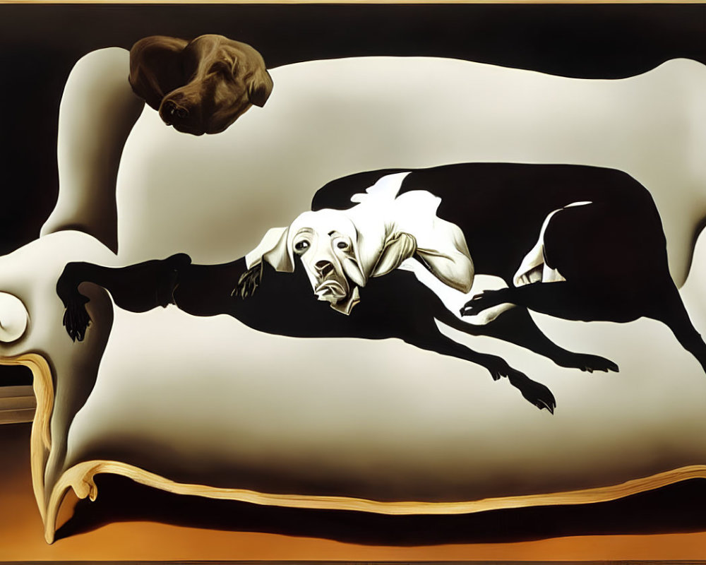 Stylized black and white dog painting on classic sofa with floating smaller dog