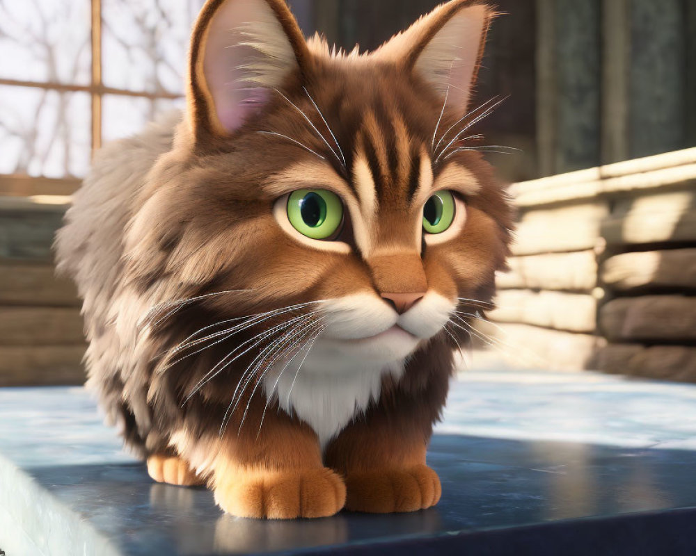 Brown and White 3D Animated Cat with Green Eyes Indoors on Table with Books