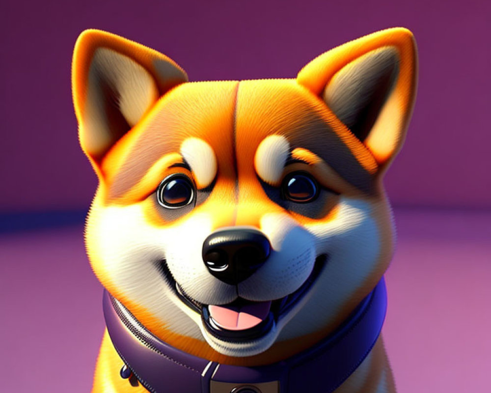 Smiling Cartoon Shiba Inu with Blue Collar on Purple Background