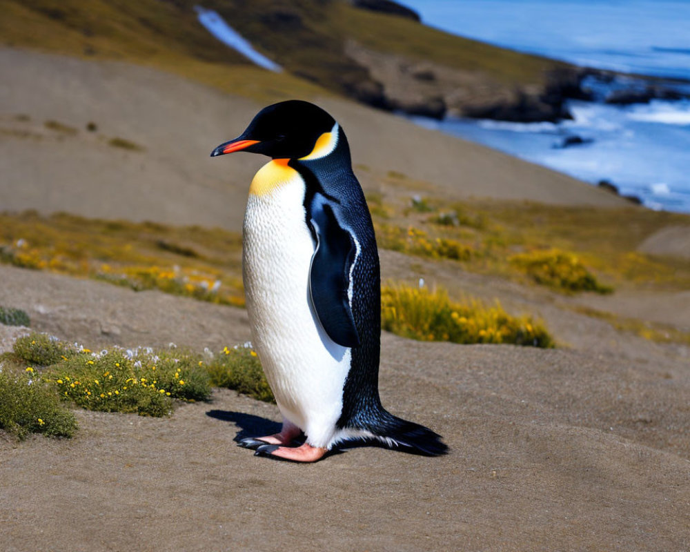 King Penguin on Sandy Beach with Ocean and Cliffs in Background