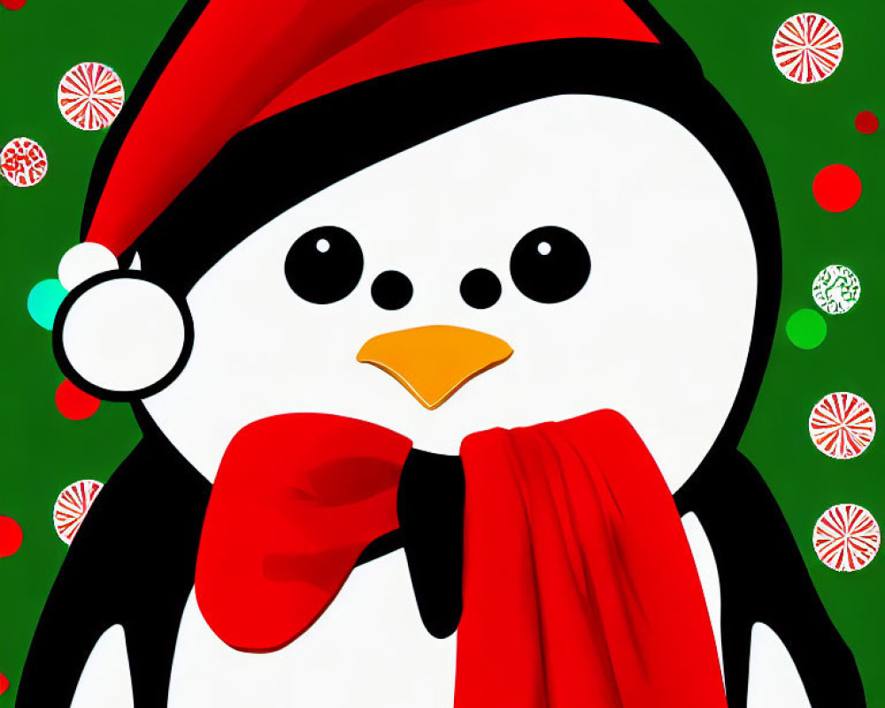 Cute Penguin Cartoon in Santa Hat with Red Scarf on Green Background