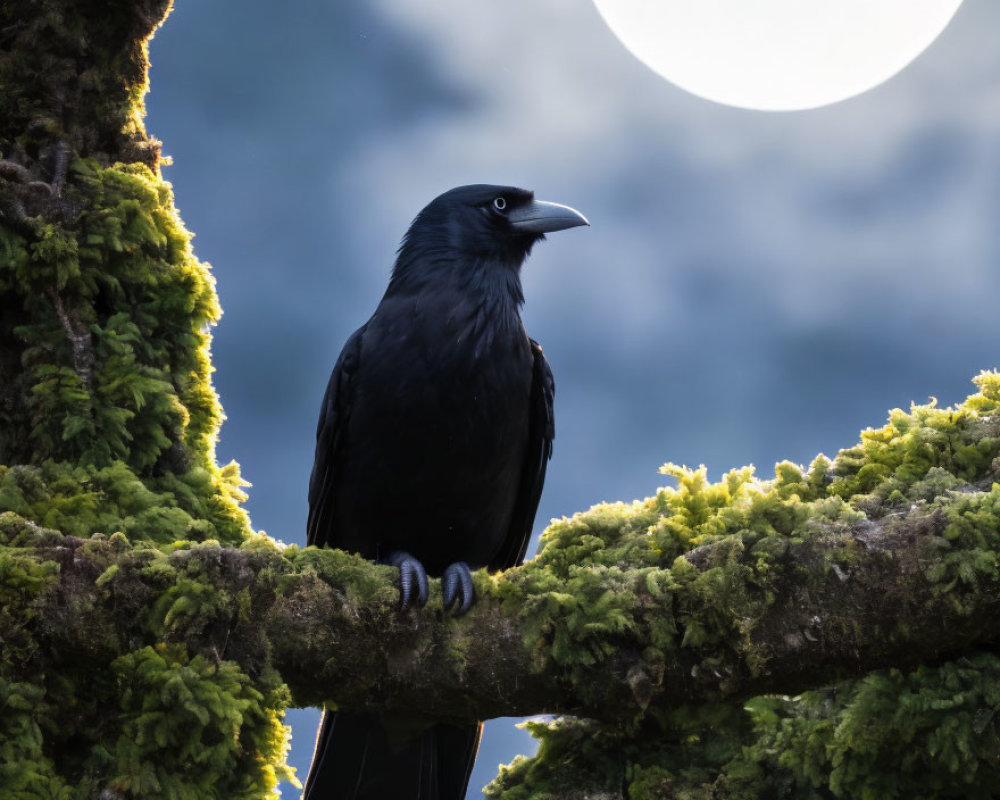 Black crow on moss-covered branch under pale moon in twilight sky