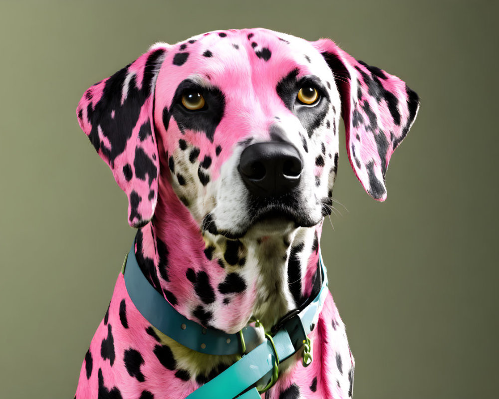 Pink-Spotted Dalmatian Dog with Green Collar on Gray Background