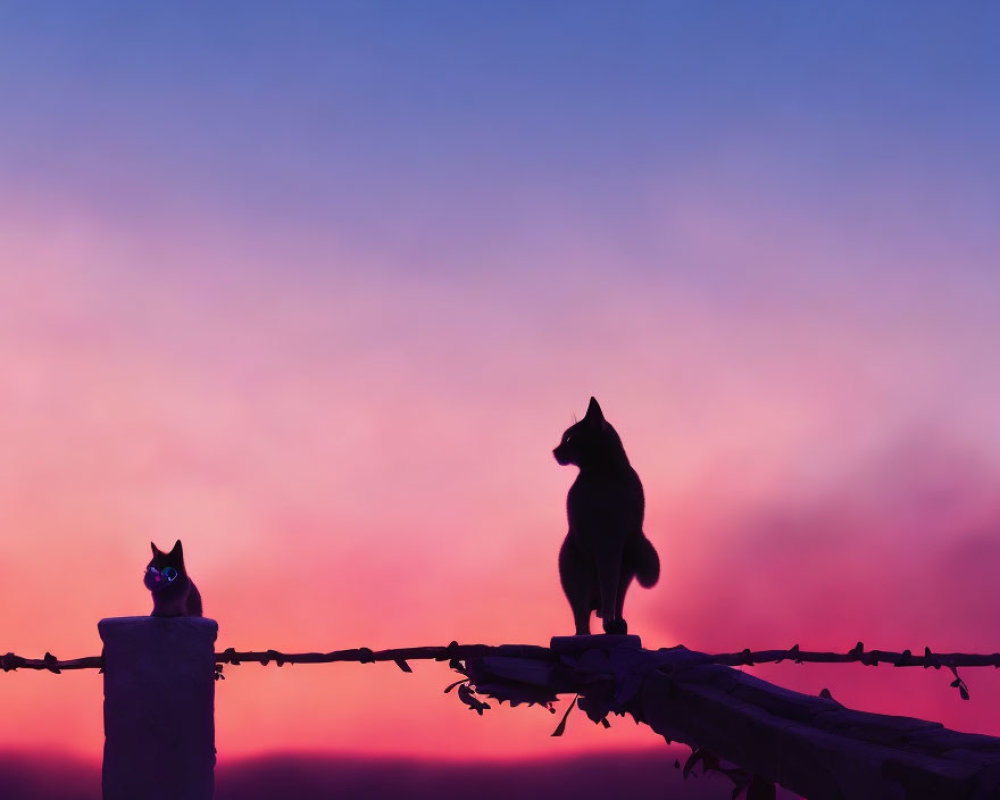 Silhouetted cats on fence under purple and pink sunset sky