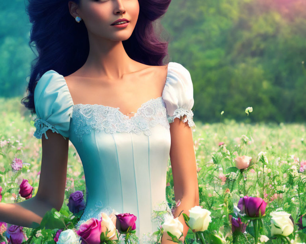 Woman in white dress surrounded by blooming roses in lush garden