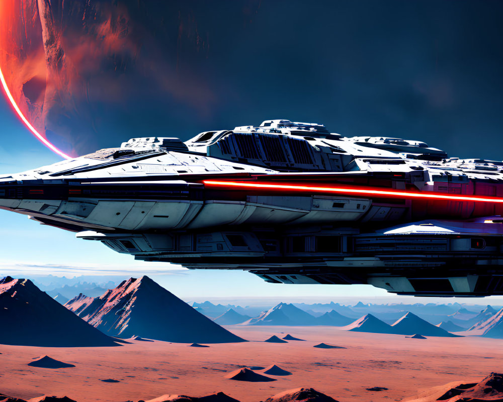 Spaceship flying over barren desert planet with sharp mountains and red nebula