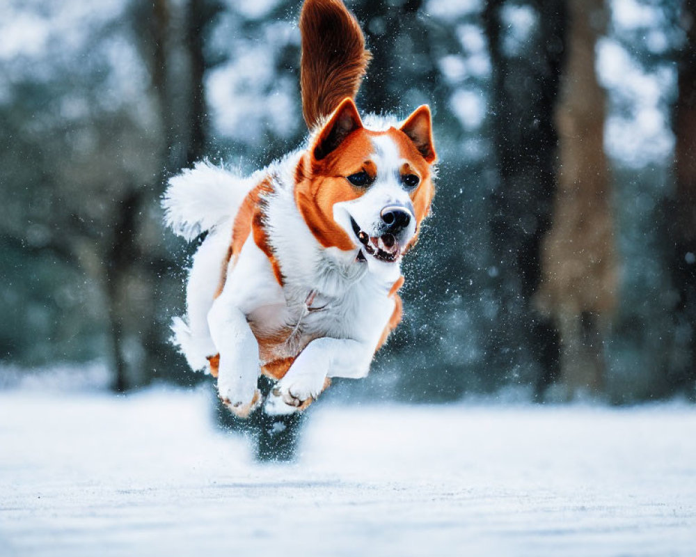 Brown and White Dog Leaping in Snowy Landscape