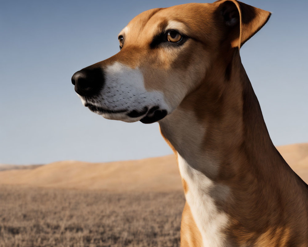 Tan and White Dog with Thoughtful Expression Against Rolling Hills and Clear Sky