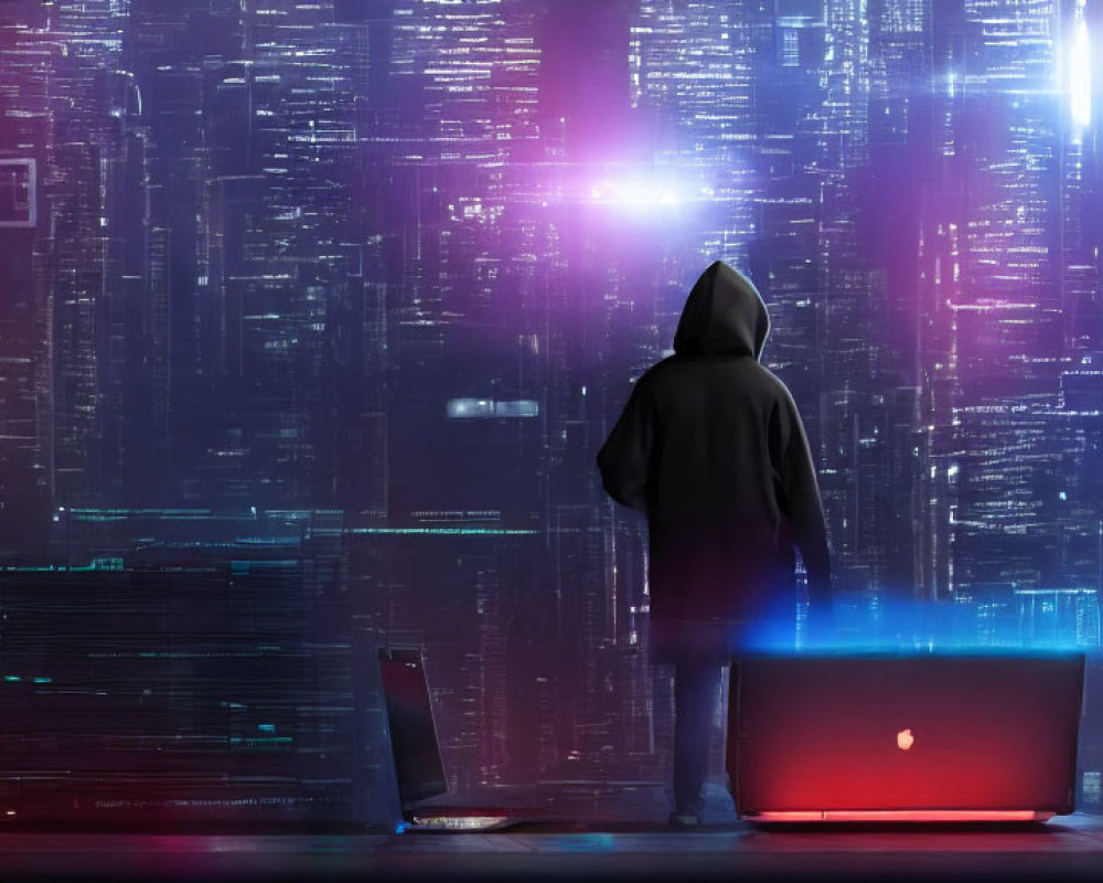 Hooded Figure with Glowing Laptop in Futuristic Digital Room