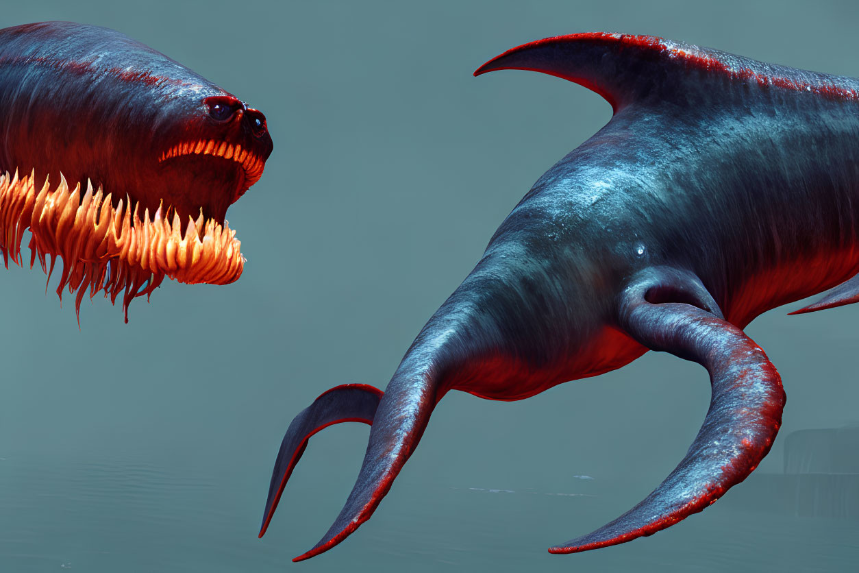 Large, menacing sea creatures with sharp teeth in underwater face-off